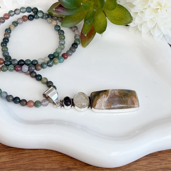 Onyx Golden Rutile Quartz Ocean Jasper Pendant Necklace Jewelry Set Lot New 925 - Picture 6 of 8